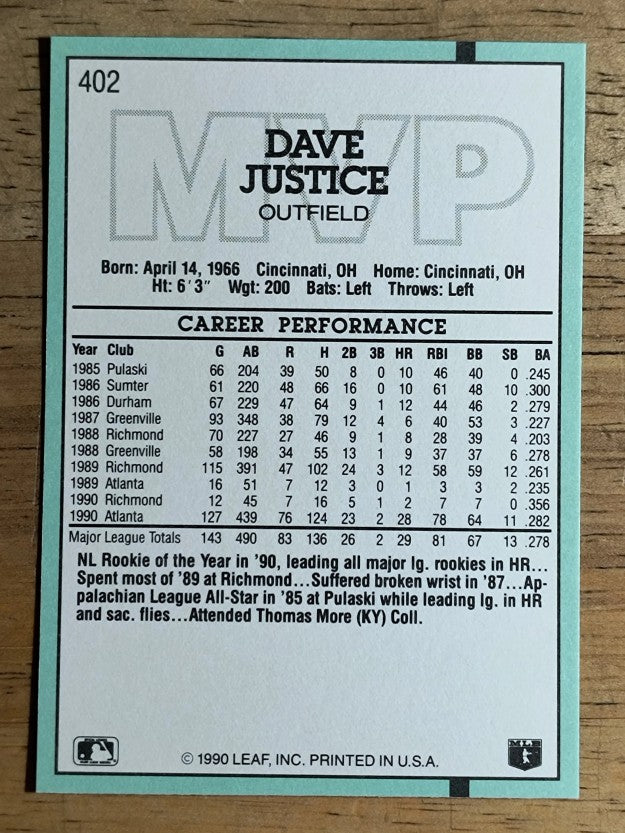 1991 Donruss #402 Dave Justice MVP