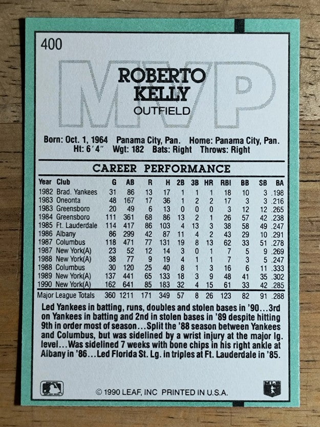 1991 Donruss #400 Roberto Kelly MVP/UER Second Base on/front and OF on back