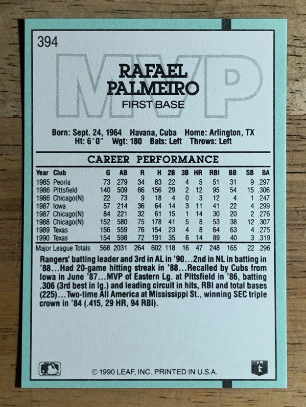 1991 Donruss #394 Rafael Palmeiro MVP