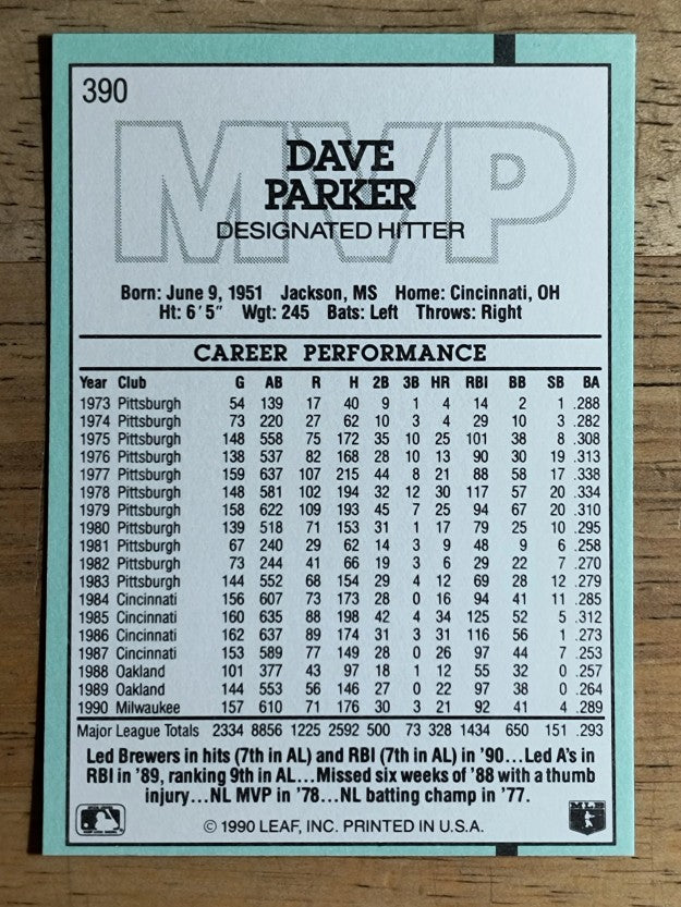 1991 Donruss #390 Dave Parker MVP