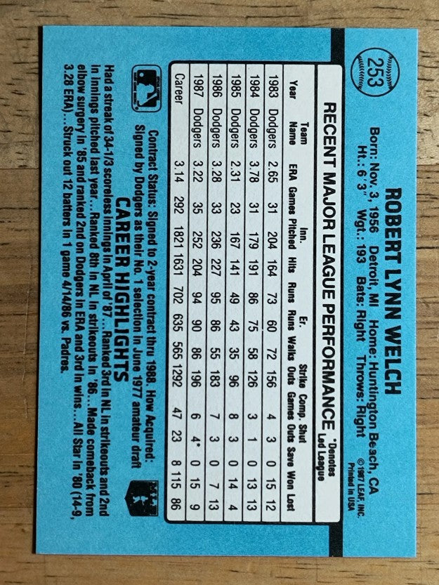 1988 Donruss #253 Bob Welch