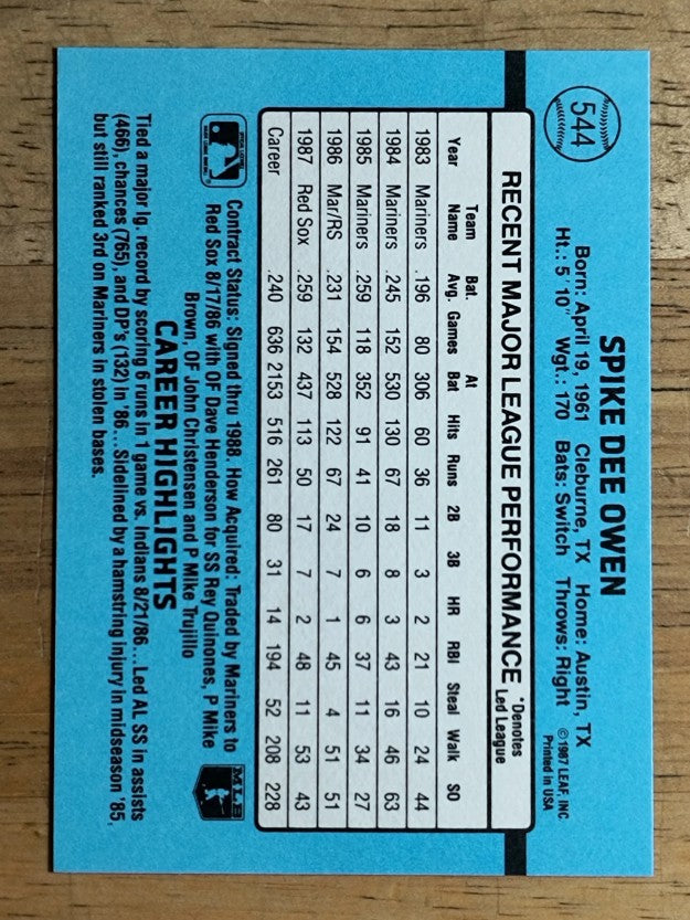 1988 Donruss #544 Spike Owen