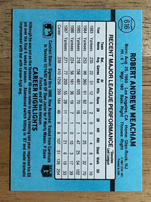 1988 Donruss #616 Bobby Meacham