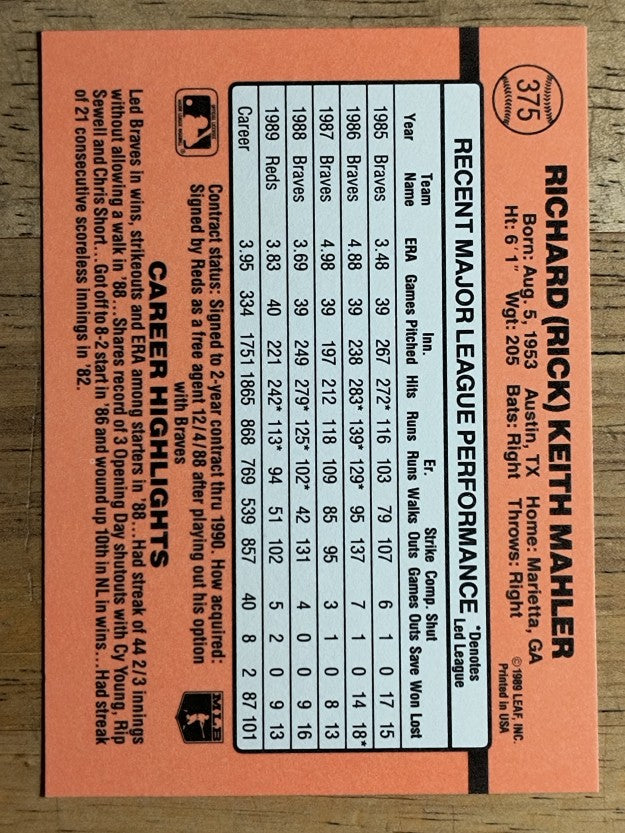 1990 Donruss #375 Rick Mahler