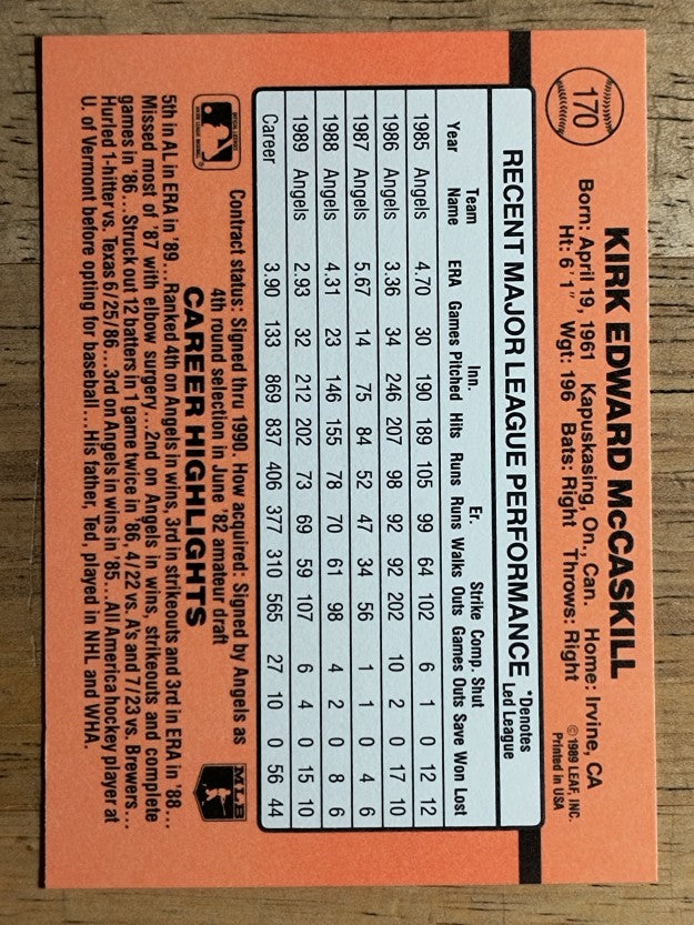 1990 Donruss #170A Kirk McCaskill ERR/Born 4/19