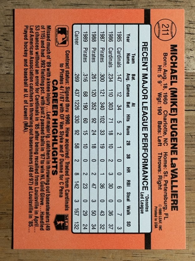 1990 Donruss #211 Mike LaValliere