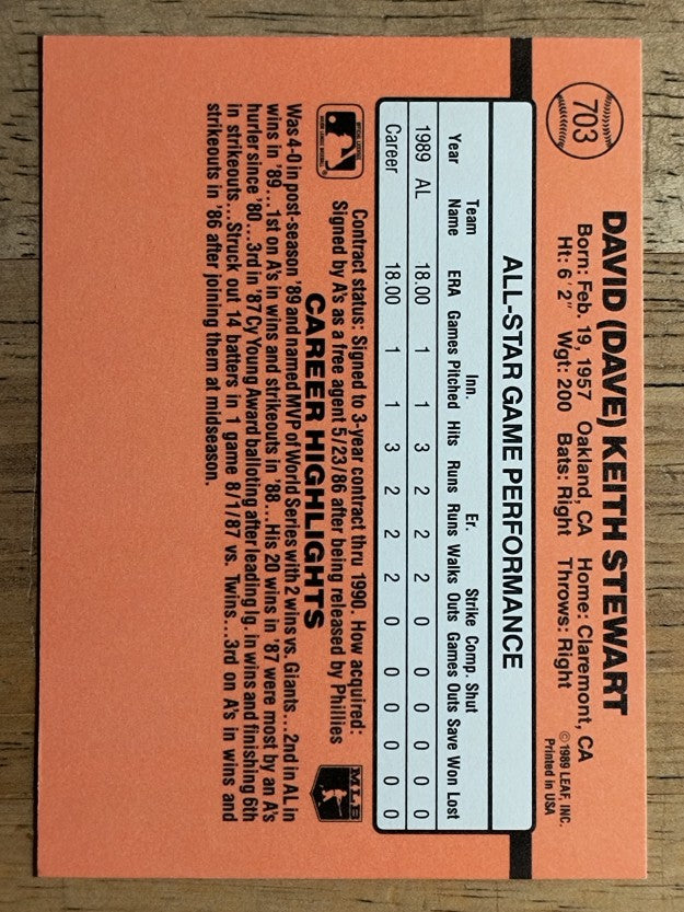 1990 Donruss #703B Dave Stewart AS/All-Star Game Performance