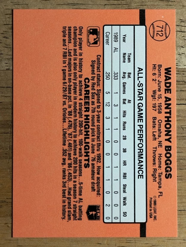 1990 Donruss #712B Wade Boggs AS/All-Star Game Performance
