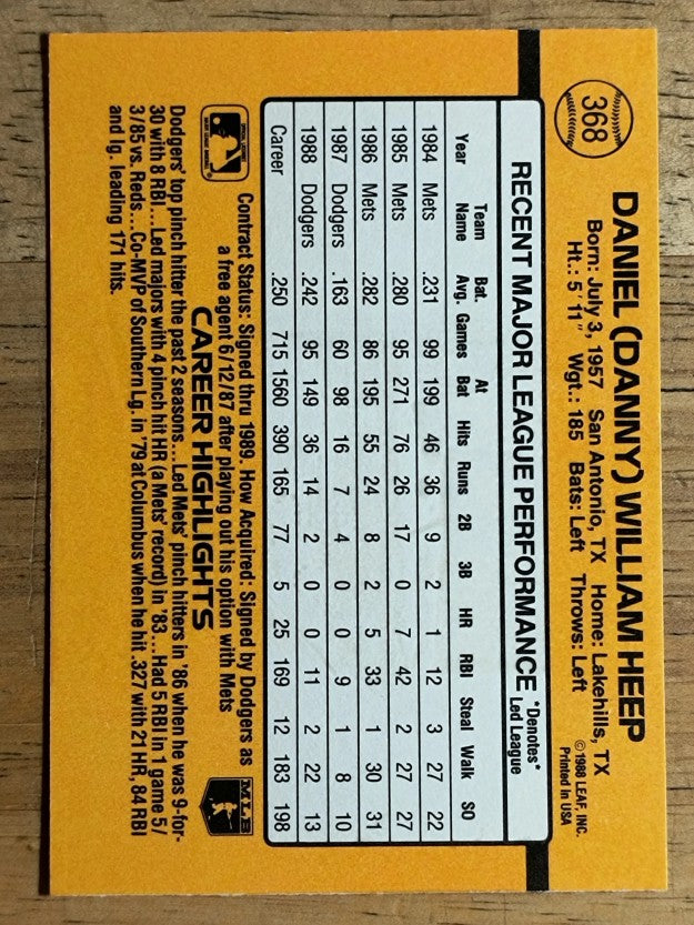 1989 Donruss #368 Danny Heep