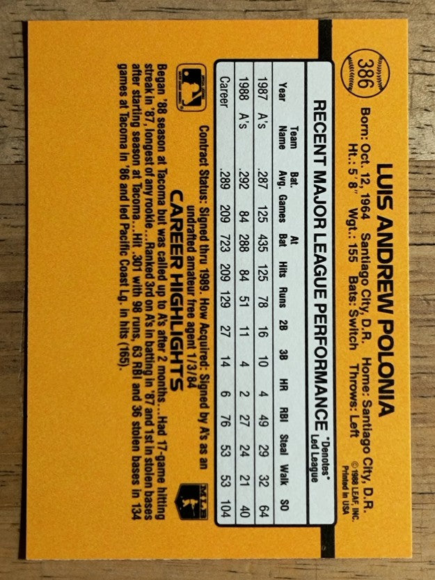 1989 Donruss #386 Luis Polonia