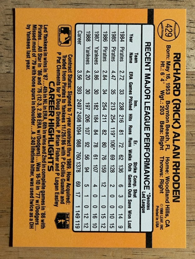 1989 Donruss #429 Rick Rhoden