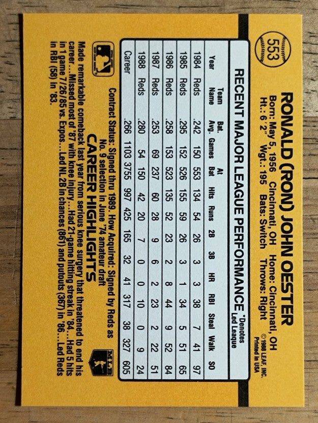 1989 Donruss #553 Ron Oester DP