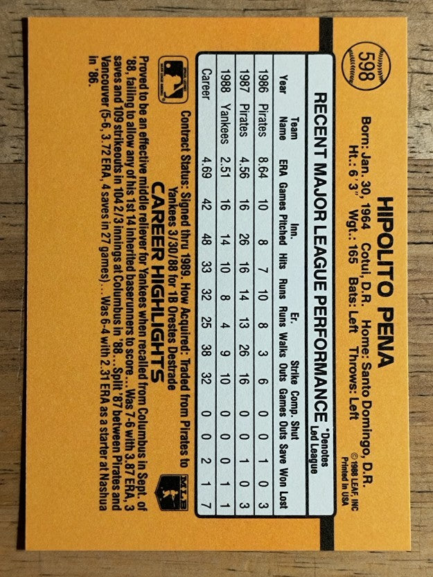 1989 Donruss #598 Hipolito Pena DP