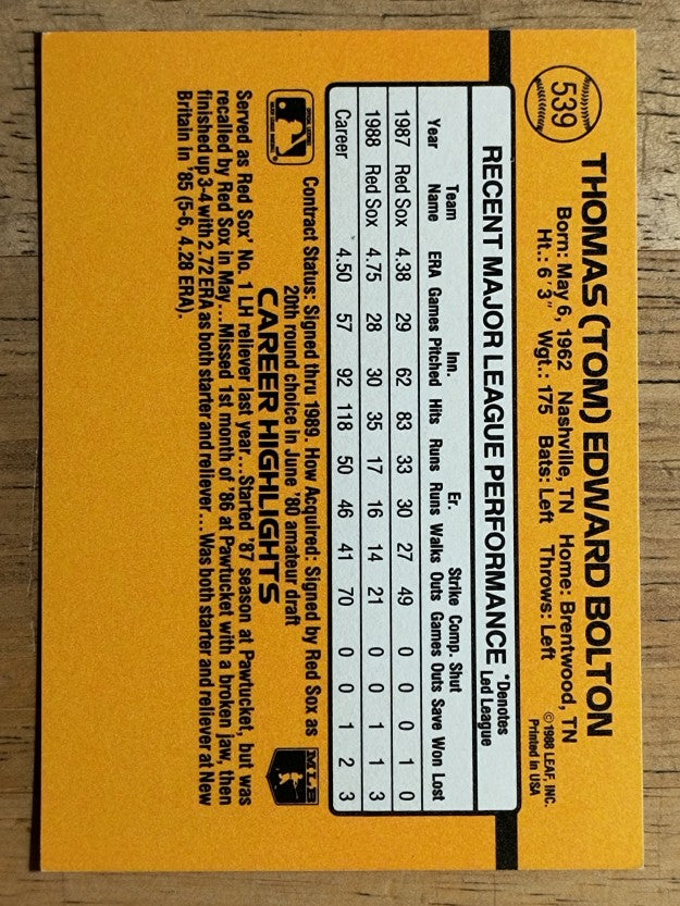 1989 Donruss #539 Tom Bolton DP