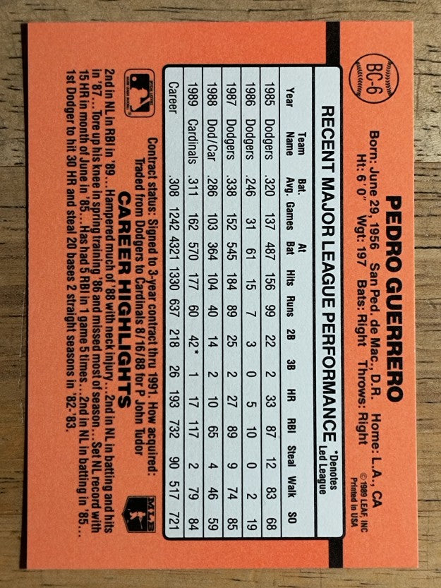 1990 Donruss Bonus MVP's #BC6 Pedro Guerrero