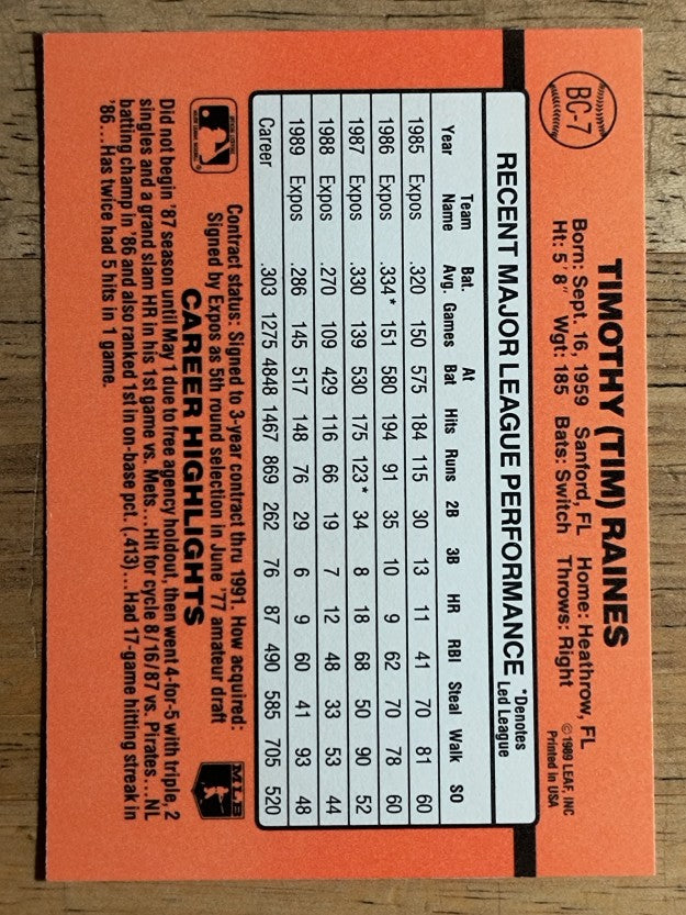 1990 Donruss Bonus MVP's #BC7 Tim Raines