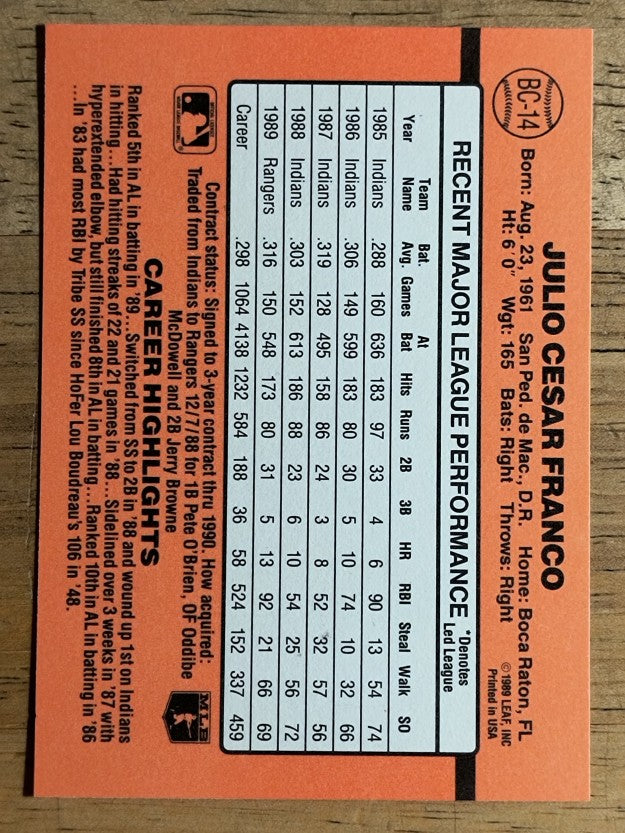 1990 Donruss Bonus MVP's #BC14 Julio Franco