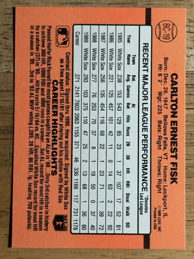 1990 Donruss Bonus MVP's #BC19 Carlton Fisk