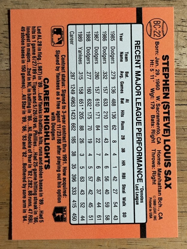 1990 Donruss Bonus MVP's #BC22 Steve Sax