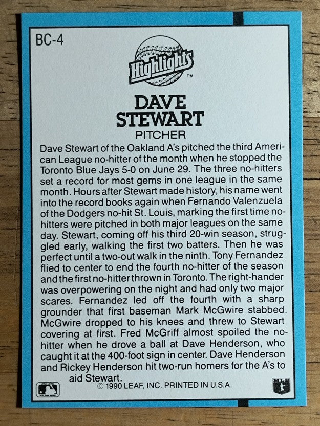 1991 Donruss Bonus Cards #BC4 Dave Stewart