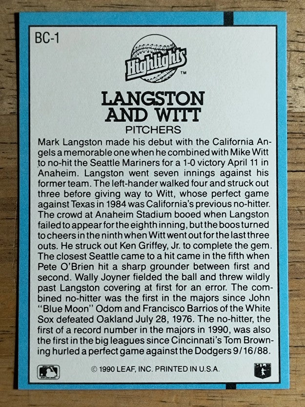 1991 Donruss Bonus Cards #BC1 Mark Langston/Mike Witt