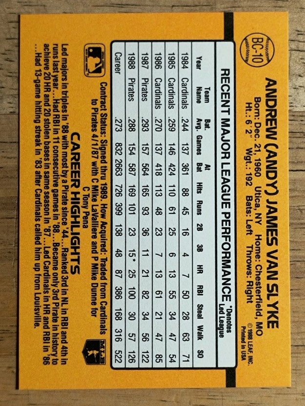 1989 Donruss Bonus MVP's #BC10 Andy Van Slyke