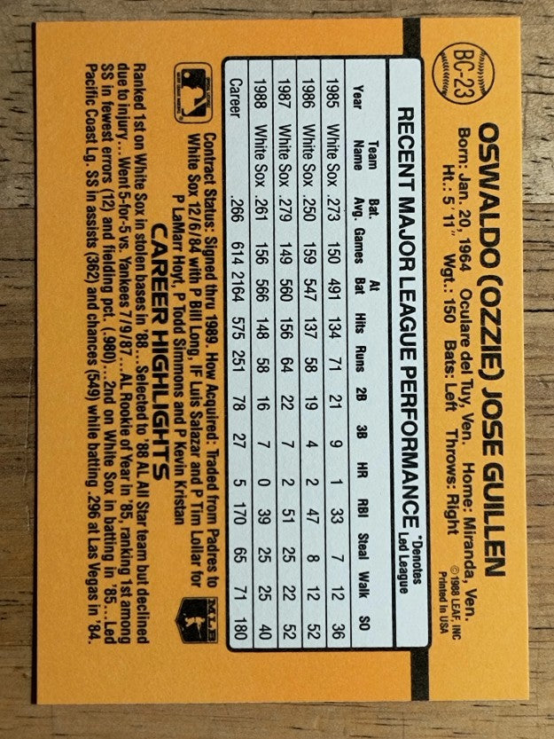 1989 Donruss Bonus MVP's #BC23 Ozzie Guillen