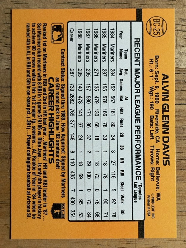 1989 Donruss Bonus MVP's #BC25 Alvin Davis DP