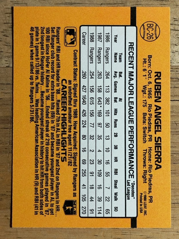 1989 Donruss Bonus MVP's #BC26 Ruben Sierra