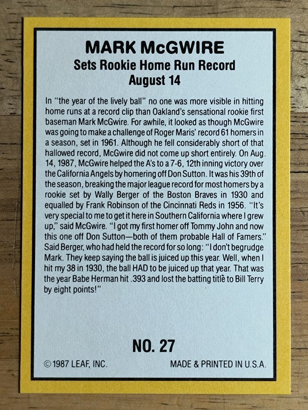 1987 Donruss Highlights #27 Mark McGwire