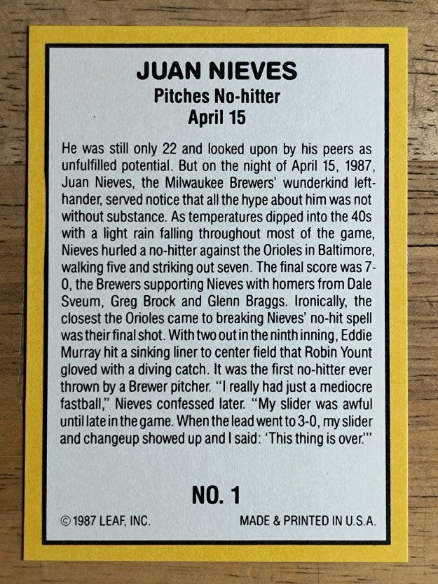 1987 Donruss Highlights #1 Juan Nieves