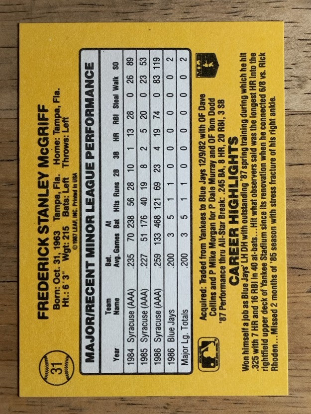 1987 Donruss Rookies #31 Fred McGriff