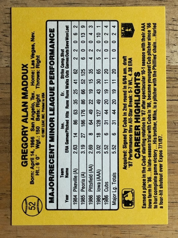 1987 Donruss Rookies #52 Greg Maddux