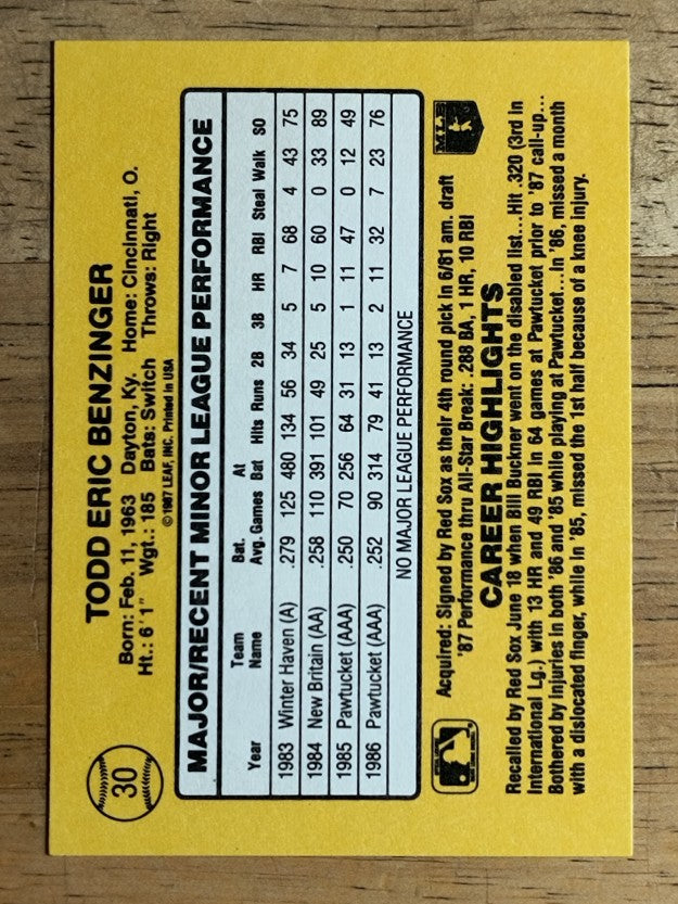 1987 Donruss Rookies #30 Todd Benzinger XRC