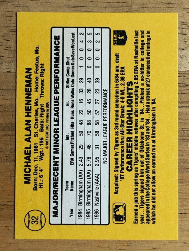 1987 Donruss Rookies #32 Mike Henneman XRC