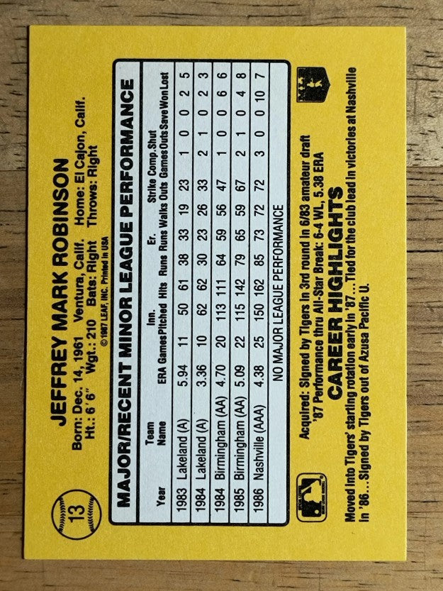 1987 Donruss Rookies #13 Jeff M. Robinson