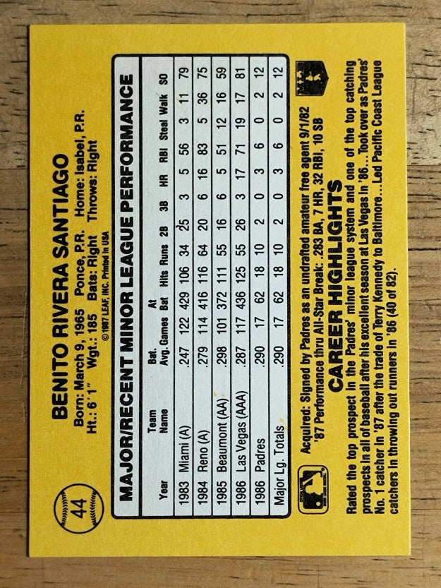 1987 Donruss Rookies #44 Benito Santiago