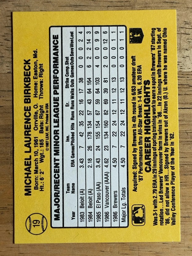 1987 Donruss Rookies #19 Mike Birkbeck