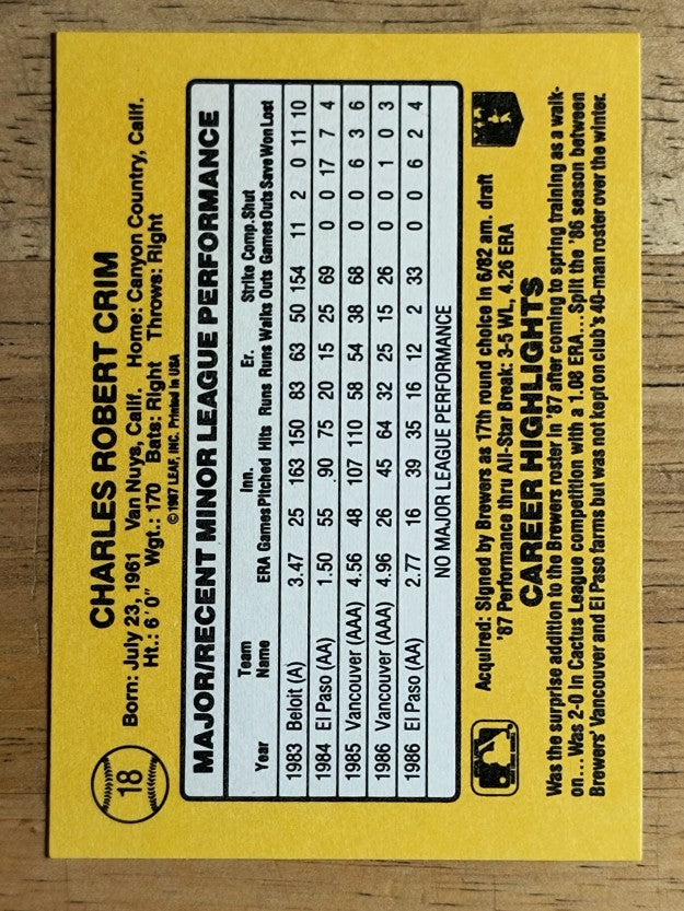 1987 Donruss Rookies #18 Chuck Crim