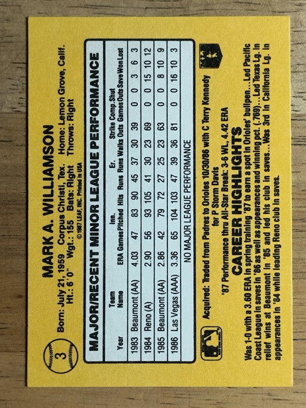 1987 Donruss Rookies #3 Mark Williamson