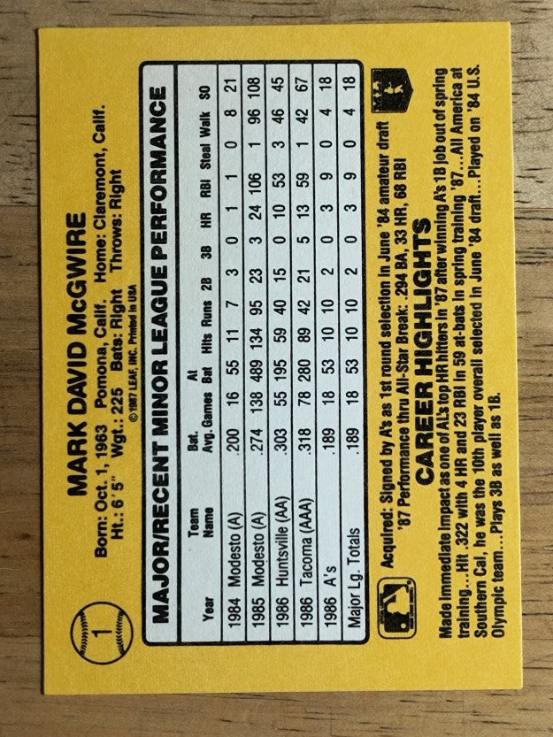 1987 Donruss Rookies #1 Mark McGwire