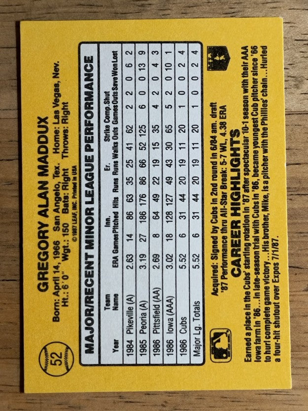 1987 Donruss Rookies #52 Greg Maddux