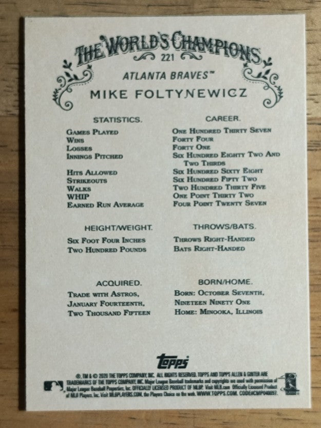 2020 Topps Allen and Ginter #221 Mike Foltynewicz