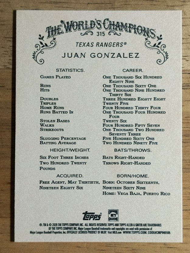 2020 Topps Allen and Ginter #315 Juan Gonzalez SP