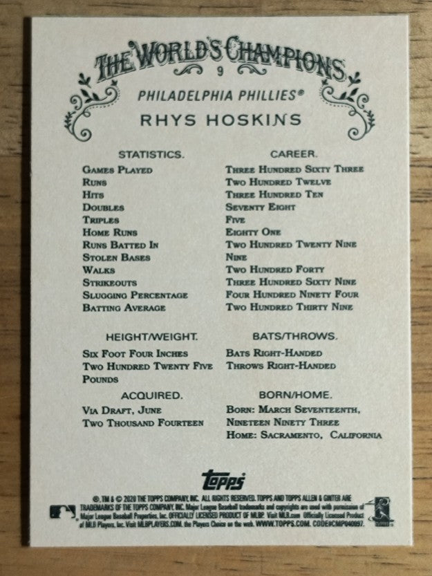 2020 Topps Allen and Ginter #9 Rhys Hoskins