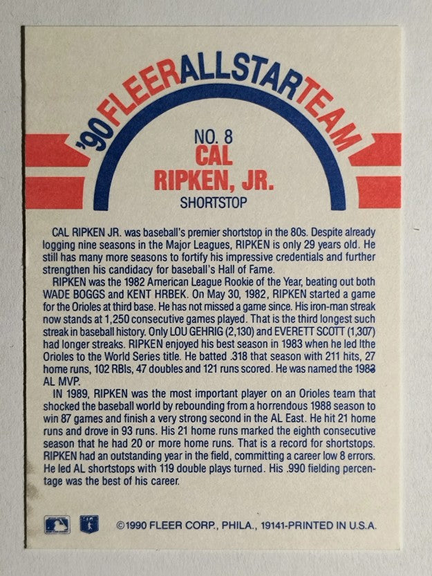 1990 Fleer All-Stars #8 Cal Ripken
