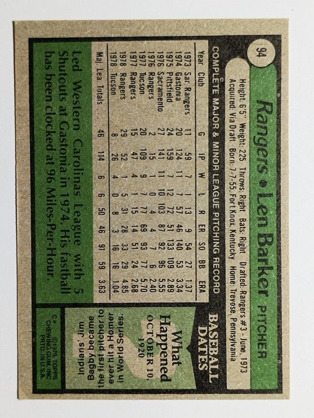 1979 Topps #94 Len Barker (EX)