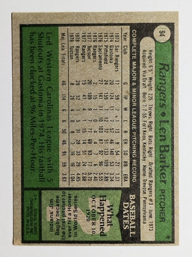 1979 Topps #94 Len Barker (VG)