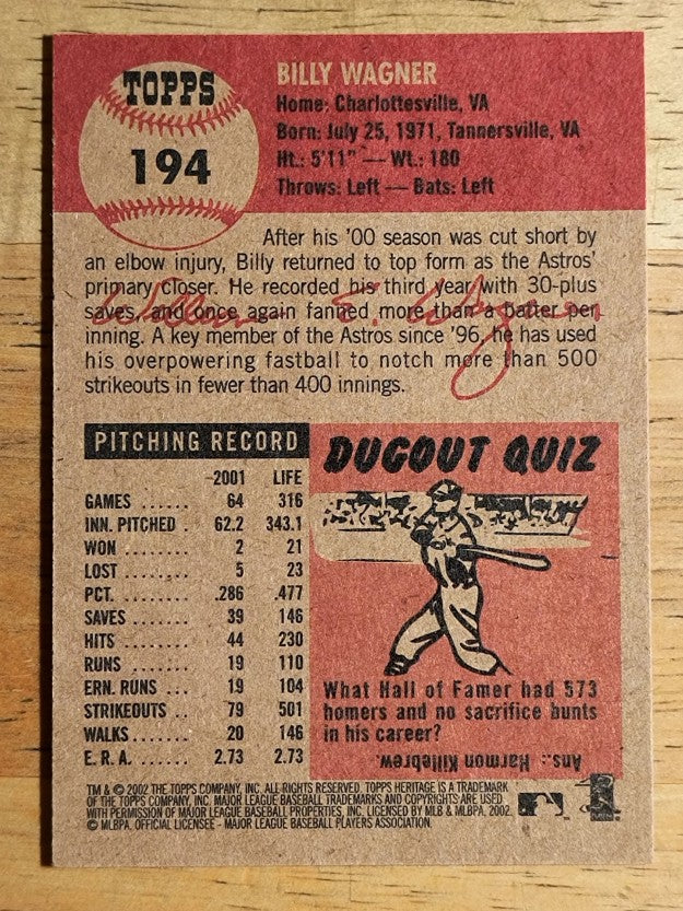 2002 Topps Heritage #194 Billy Wagner