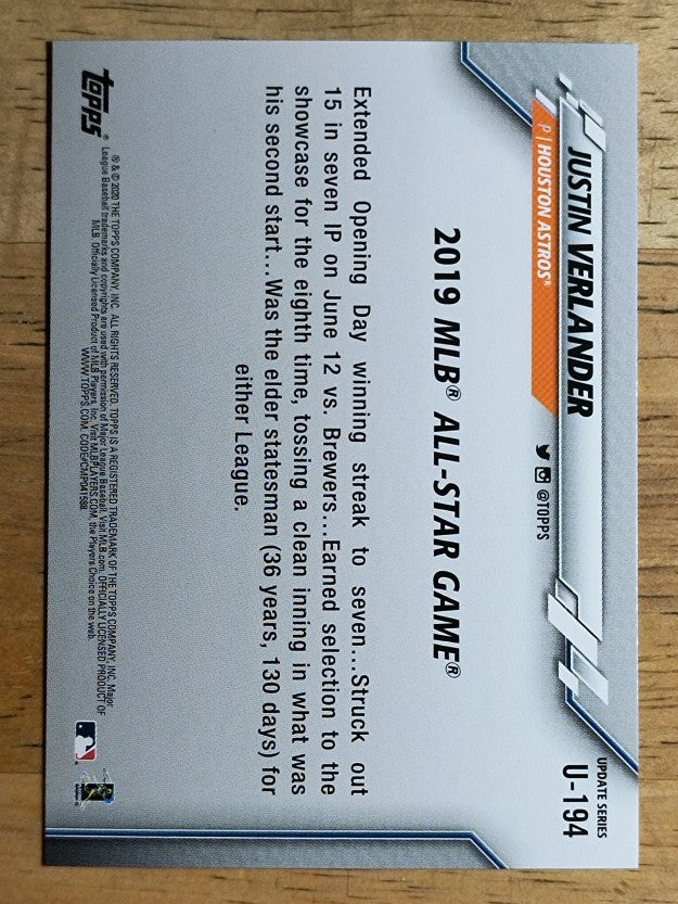 2020 Topps Update #U194 Justin Verlander AS